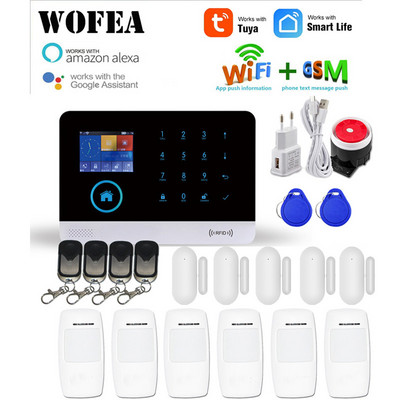WOFEA vezeték nélküli Tuya APP SIM GSM otthoni RFID betörésbiztonsági LCD érintőbillentyűzet WIFI GSM riasztórendszer érzékelőkészlet orosz, spanyol