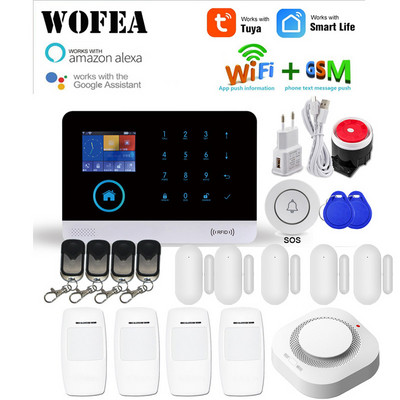 WOFEA vezeték nélküli Tuya APP SIM GSM otthoni RFID betörésbiztonsági LCD érintőbillentyűzet WIFI GSM riasztórendszer érzékelőkészlet orosz, spanyol