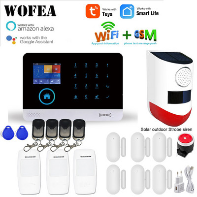 WOFEA vezeték nélküli Tuya APP SIM GSM otthoni RFID betörésbiztonsági LCD érintőbillentyűzet WIFI GSM riasztórendszer érzékelőkészlet orosz, spanyol