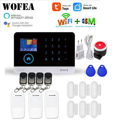 WOFEA vezeték nélküli Tuya APP SIM GSM otthoni RFID betörésbiztonsági LCD érintőbillentyűzet WIFI GSM riasztórendszer érzékelőkészlet orosz, spanyol