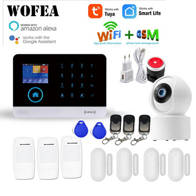 WOFEA vezeték nélküli Tuya APP SIM GSM otthoni RFID betörésbiztonsági LCD érintőbillentyűzet WIFI GSM riasztórendszer érzékelőkészlet orosz, spanyol