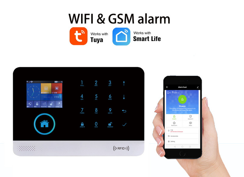 WOFEA vezeték nélküli Tuya APP SIM GSM otthoni RFID betörésbiztonsági LCD érintőbillentyűzet WIFI GSM riasztórendszer érzékelőkészlet orosz, spanyol