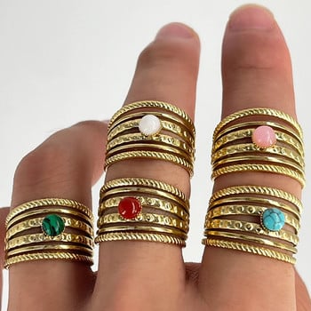 Тюркоазен Циркон Отварящи се пръстени от естествен камък за жени Бохо позлатени пръстени от неръждаема стомана Бижута Подаръци на едро