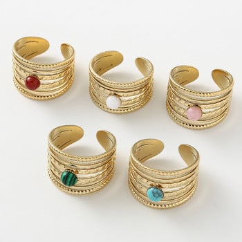 Тюркоазен Циркон Отварящи се пръстени от естествен камък за жени Бохо позлатени пръстени от неръждаема стомана Бижута Подаръци на едро