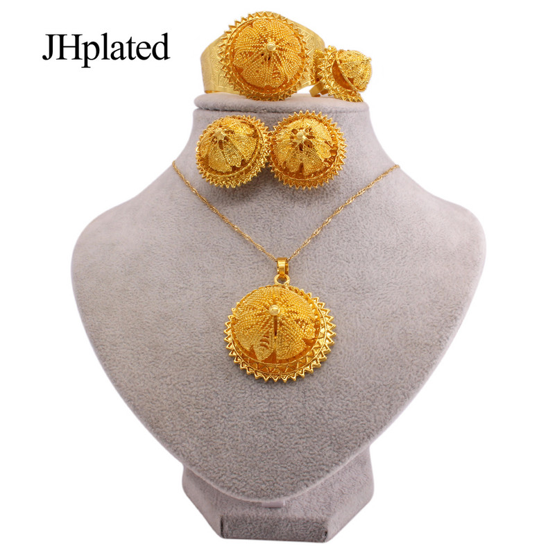 Seturi de bijuterii rotunde fără gât, placate cu aur african, nuntă de mireasă, cadouri, colier, cercei, inel, brățară, set de bijuterii pentru femei