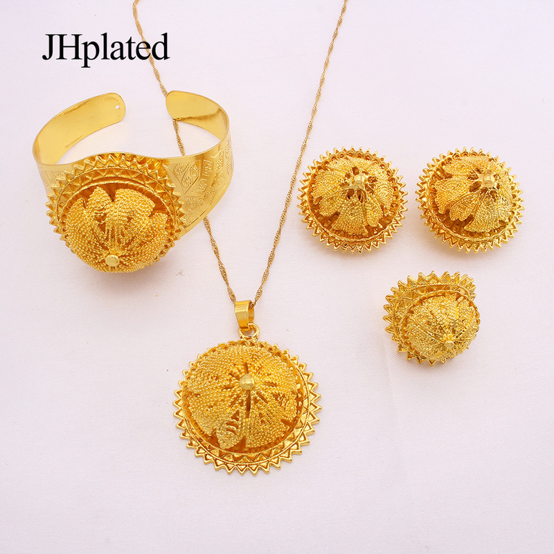Seturi de bijuterii rotunde fără gât, placate cu aur african, nuntă de mireasă, cadouri, colier, cercei, inel, brățară, set de bijuterii pentru femei