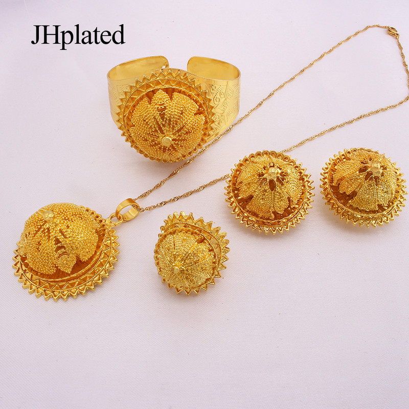 Seturi de bijuterii rotunde fără gât, placate cu aur african, nuntă de mireasă, cadouri, colier, cercei, inel, brățară, set de bijuterii pentru femei