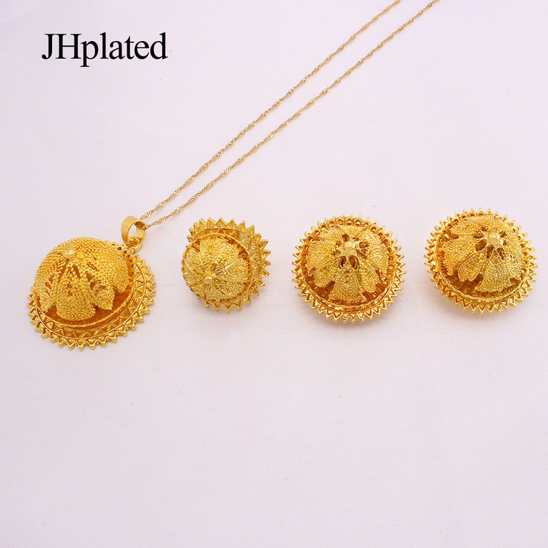 Seturi de bijuterii rotunde fără gât, placate cu aur african, nuntă de mireasă, cadouri, colier, cercei, inel, brățară, set de bijuterii pentru femei