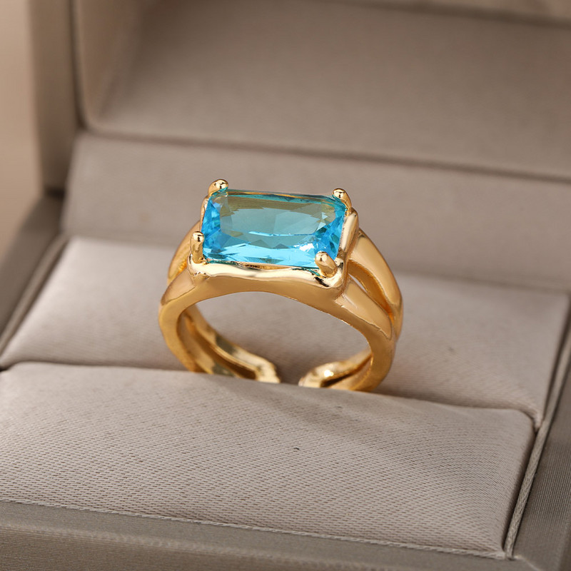 Пръстен със син кубичен циркон и камък за жени от неръждаема стомана с квадратна геометрия Пръстен за пръсти Парти аксесоари Бижута Bijoux Femme