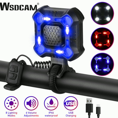 WSDCAM Φως ποδηλάτου USB Επαναφόρτιση IPX6 Αδιάβροχο 4LED Κουδούνι ποδηλάτου 140 dB Ρυθμιζόμενο λυχνάρι ασφαλείας ποδηλασίας Ασφάλεια συναγερμού