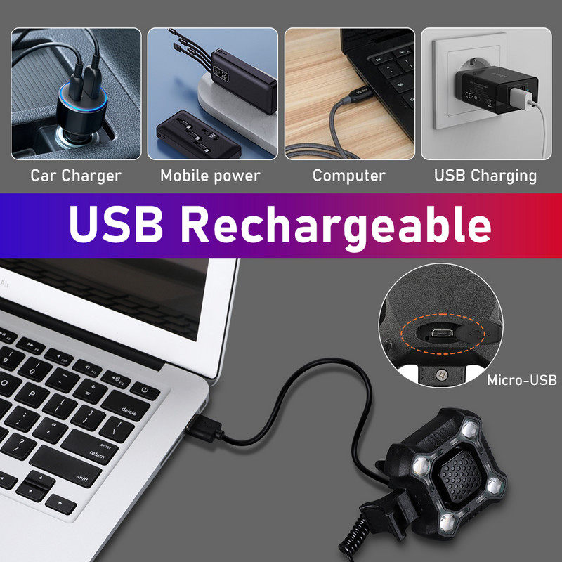 WSDCAM dviračio lemputė USB įkrovimas IPX6 vandeniui atsparus 4LED dviračio skambutis 140 dB reguliuojamas važiavimo apsauga dviračio lempos signalizacijos apsauga