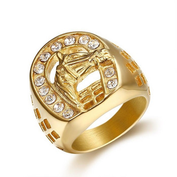 Тенденционен кух пръстен с конска глава за жени, мъже, лъскав кристал със златен цвят, моден парти, банкет, бижута, подарък