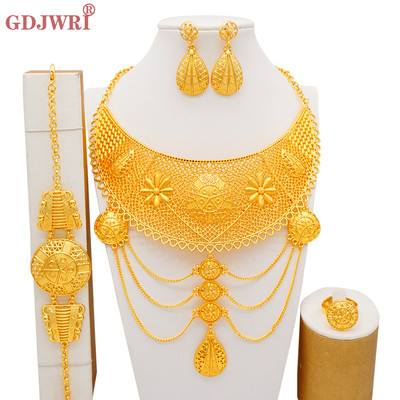 Dubaijas zelta krāsas lielas greznas 4 gab Āfrikas juvelierizstrādājumu kaklarotu komplekti sievietēm līgavu kāzu komplekti 2022. gada tendencēm