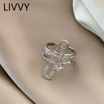 LIVVY Сребърен цвят Двуетажна звезда Циркон Регулируеми пръстени за жени Уникален дизайн Игли Парти аксесоари Бижута Подаръци