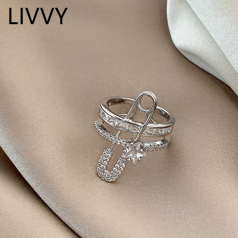 LIVVY Inele reglabile cu zirconiu, cu două etaje, de culoare argintie, pentru femei, cu design unic, accesorii de petrecere, bijuterii, cadouri