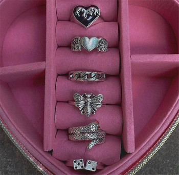 Пънк готически комплект пръстени със сърце за жени Черни зарове Винтидж пики Асо сребърно покритие Ретро кристали Чар Билярд Бижута за пръсти