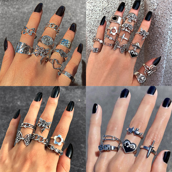 Пънк готически комплект пръстени със сърце за жени Черни зарове Винтидж пики Асо сребърно покритие Ретро кристали Чар Билярд Бижута за пръсти