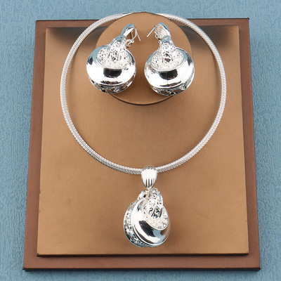 Модни капкови обеци Колие Комплект бижута за африкански Дубай Висулка Комплект бижута със сребърно покритие За жени Луксозен парти аксесоар