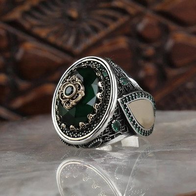 Retro rankų darbo turkiški žiedai vyrams Senovinio sidabro spalvos raižyti žiedai Mystic Circon Inlay Naujas Punk Motor Biker Ring