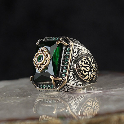 Retro rankų darbo turkiški žiedai vyrams Senovinio sidabro spalvos raižyti žiedai Mystic Circon Inlay Naujas Punk Motor Biker Ring