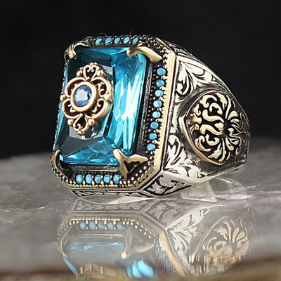 Retro rankų darbo turkiški žiedai vyrams Senovinio sidabro spalvos raižyti žiedai Mystic Circon Inlay Naujas Punk Motor Biker Ring