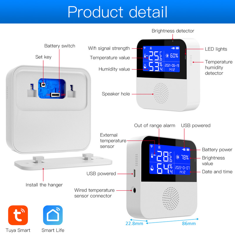 ANGUS Smart Home Wifi temperatūras mitruma sensors Home Assistant 2,9 collu LCD displejs atbalsta ārējo temperatūras sensoru līniju
