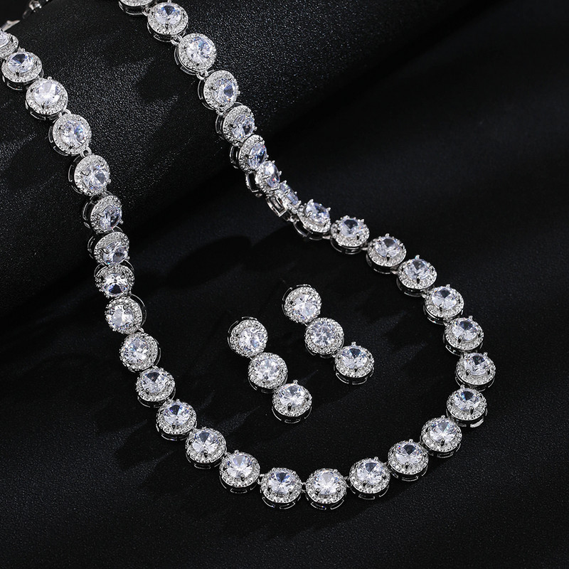 Bling apvalūs kubiniai cirkonio karoliai ir auskarai moteriškų vakarėlių papuošalų rinkinys vestuvių nuotakoms