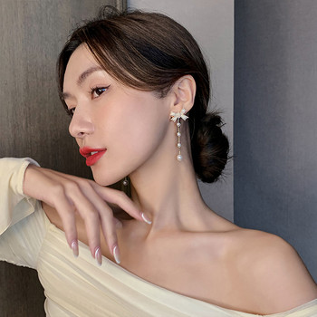 2021 Нов елегантен лък Перлен пискюл Дълги обеци Парти луксозни бижута за момичета Корейски модни аксесоари Капкови обеци за жени