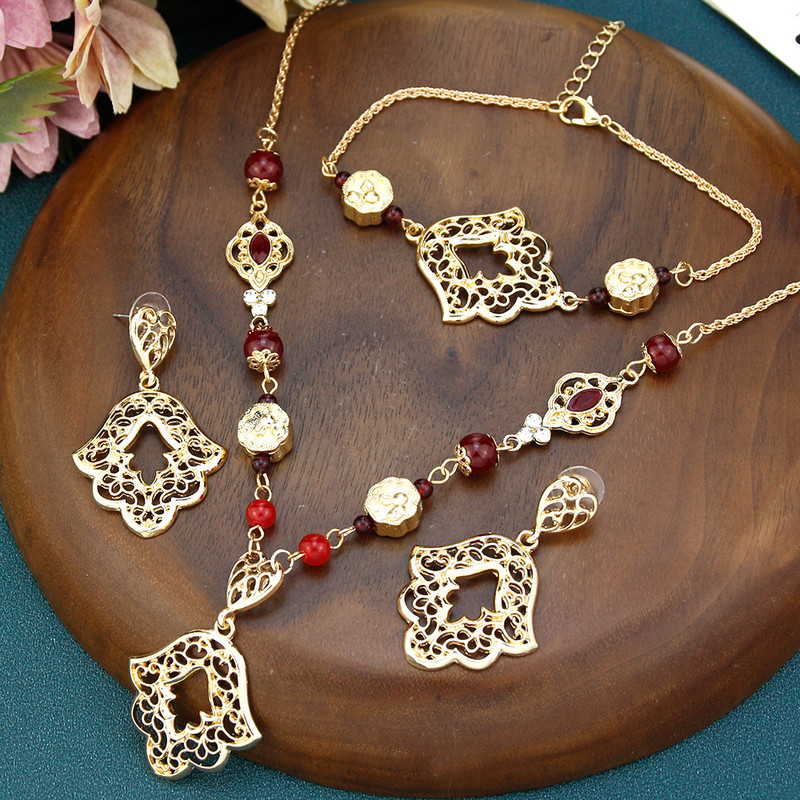 Sunspicems New Morocco Bride Jewelry Sets Women Drop Earring Chic Гривна Мъниста Колие Златен Цвят Арабски Мюсюлмански Бижута Подарък