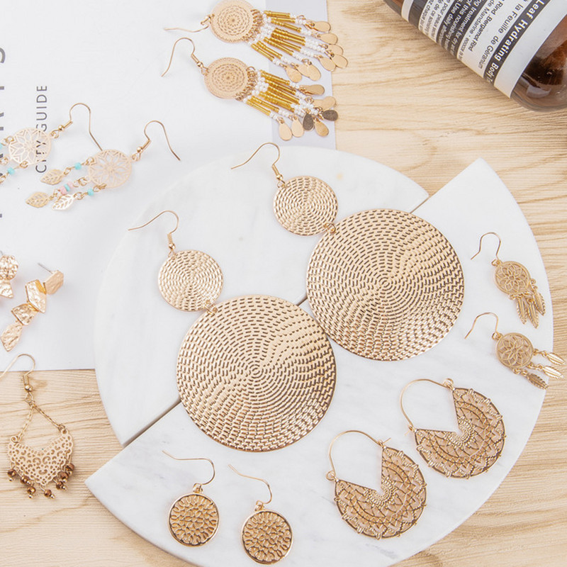 Златни цветни обеци Бохемски изящни луксозни големи кръгли обеци Кристални акрилни ръчно изработени женски геометрични ресни Модни бижута