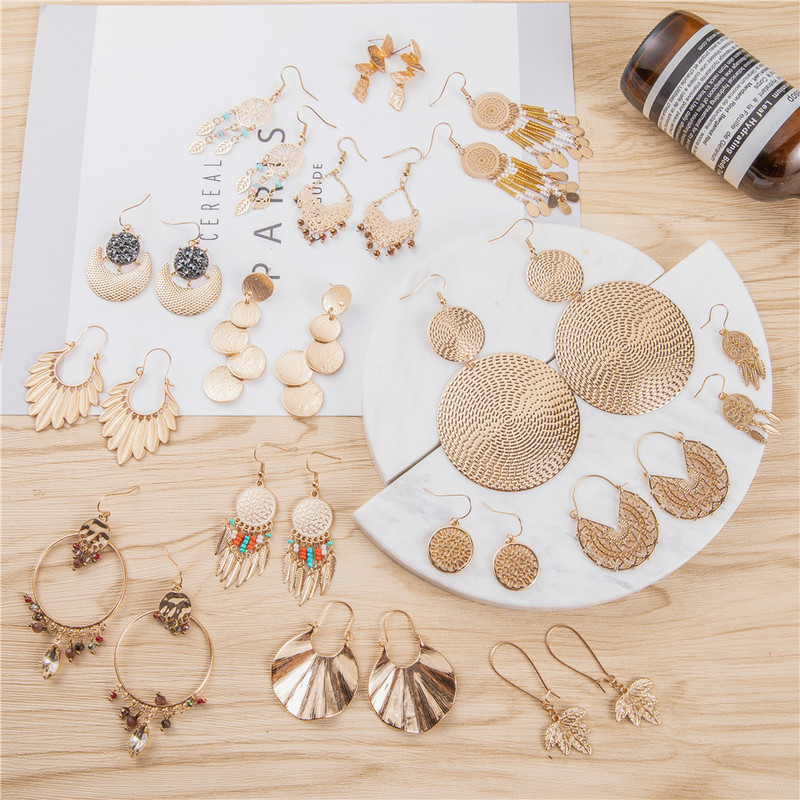 Златни цветни обеци Бохемски изящни луксозни големи кръгли обеци Кристални акрилни ръчно изработени женски геометрични ресни Модни бижута