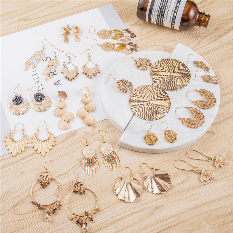 Златни цветни обеци Бохемски изящни луксозни големи кръгли обеци Кристални акрилни ръчно изработени женски геометрични ресни Модни бижута