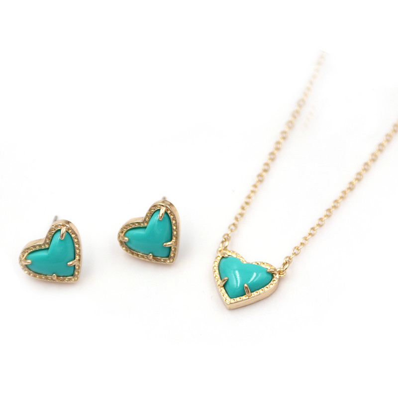 2022 г. Нов ярко розово сърце от смола Druzy Цветен скъпоценен камък Малка любов Геометрични обеци и колие Комплект бижута за жени