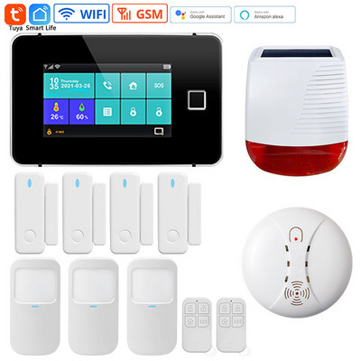 Sistem de alarmă inteligentă Tuya Wifi Home Security G60 Ecran tactil color de 4,3 inci Sistem de senzori de ușă cu sirenă solară fără fir pentru amprentă