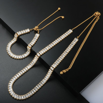 Nerūdijančio plieno prabangus kvadratinis CZ Choker karoliai, reguliuojama krištolo apyrankė moterims, vestuvių sužadėtuvių papuošalų rinkinys, dovana