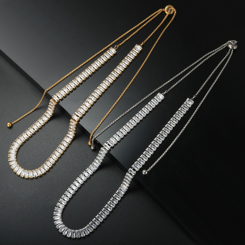 Nerūdijančio plieno prabangus kvadratinis CZ Choker karoliai, reguliuojama krištolo apyrankė moterims, vestuvių sužadėtuvių papuošalų rinkinys, dovana