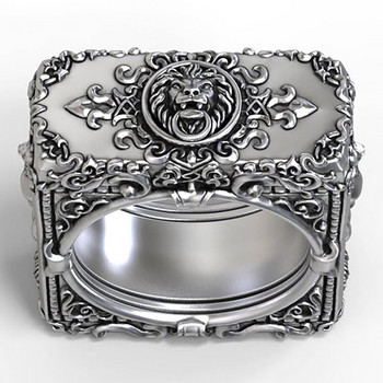 Ruiyi Heavy Metal Rock Square Carving Lion Pattern Ring Men Rap Hip Hop Party Night Club Figer Ring Male Joint Ring Gift