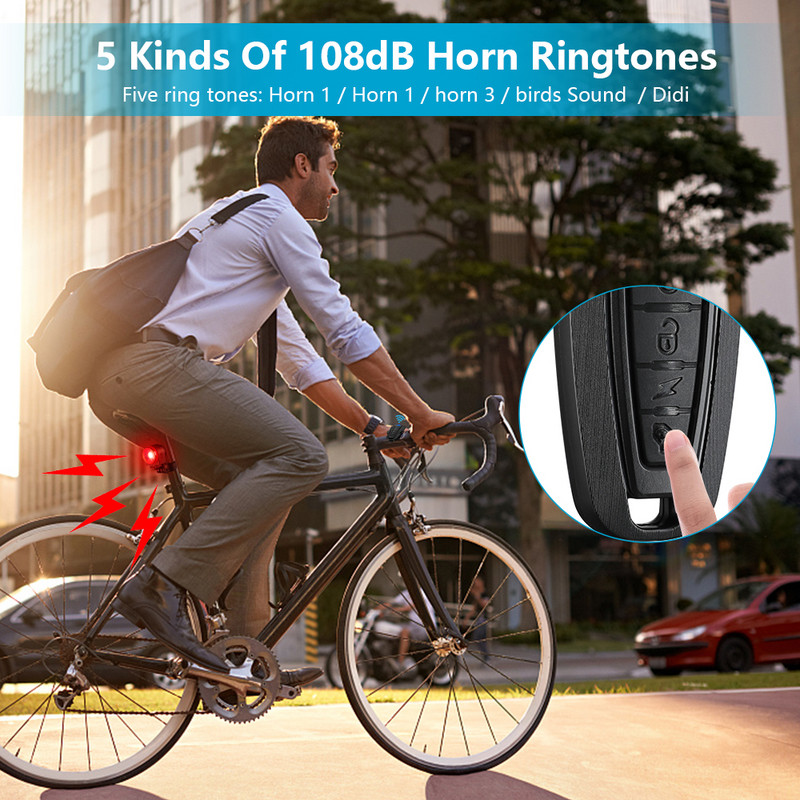 Dviračio galinio žibinto įsilaužimo signalizacija, stabdžių jutimo lemputė, belaidis nuotolinio valdymo pultas, vandeniui atsparus dviračio galinis šviesos signalas