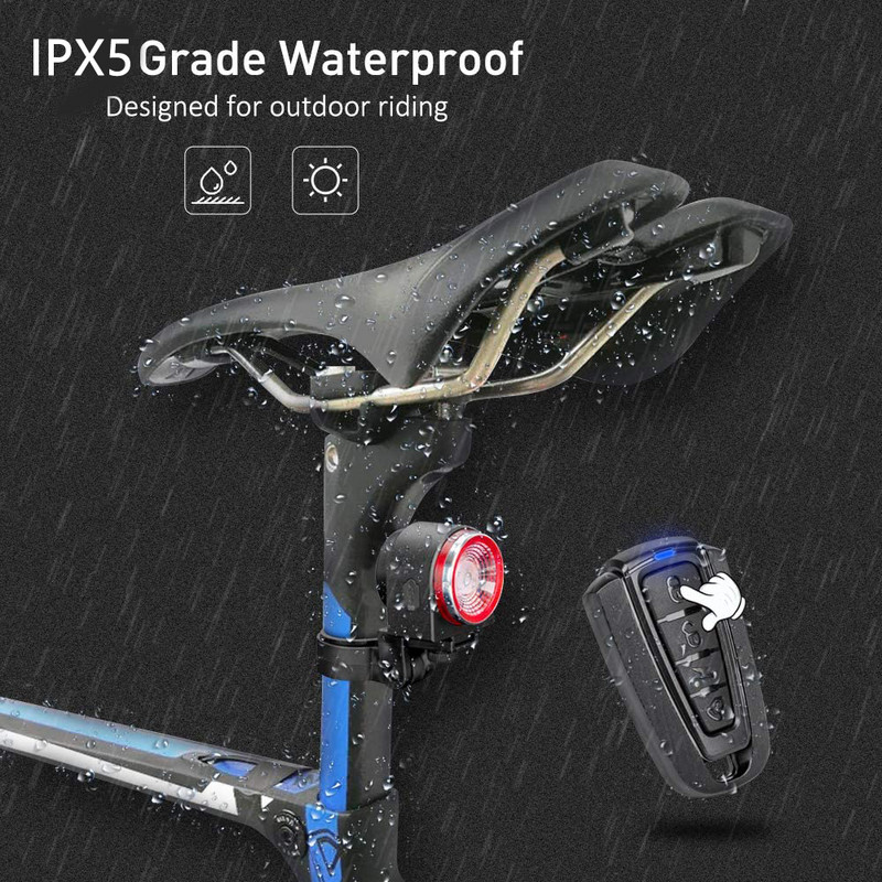 Dviračio galinio žibinto įsilaužimo signalizacija, stabdžių jutimo lemputė, belaidis nuotolinio valdymo pultas, vandeniui atsparus dviračio galinis šviesos signalas