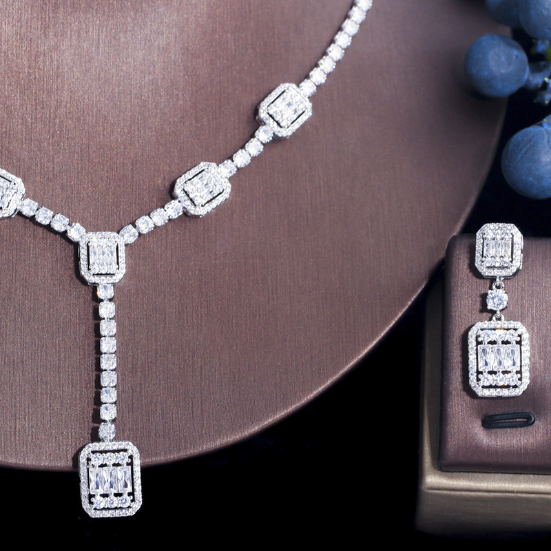 „ThreeGraces“ putojančio kubinio cirkonio geometrinio kvadrato formos ilgi kabantys auskarai ir karoliai vakarėlių papuošalų rinkinys moterims TZ676