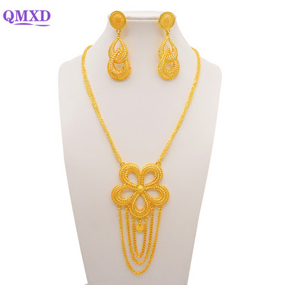 Dubajaus Etiopijos aukso spalvos papuošalų rinkinys moterims ilgos grandinėlės, gėlių kutų karoliai ir auskarų rinkiniai Nigerijos arabų vestuvių vakarėlio dovanos