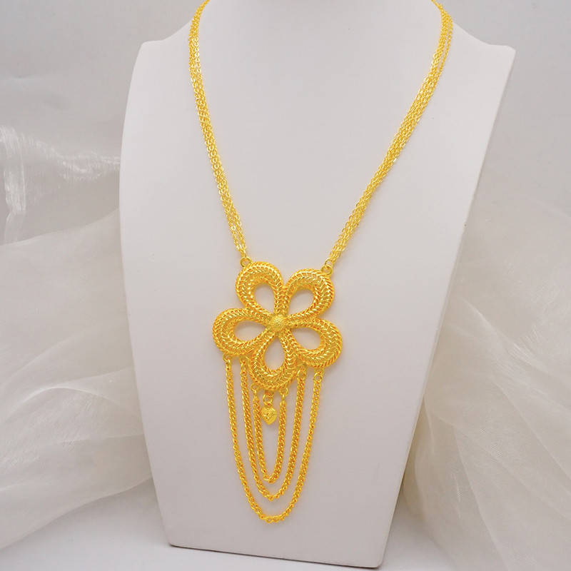 Dubajaus Etiopijos aukso spalvos papuošalų rinkinys moterims ilgos grandinėlės, gėlių kutų karoliai ir auskarų rinkiniai Nigerijos arabų vestuvių vakarėlio dovanos