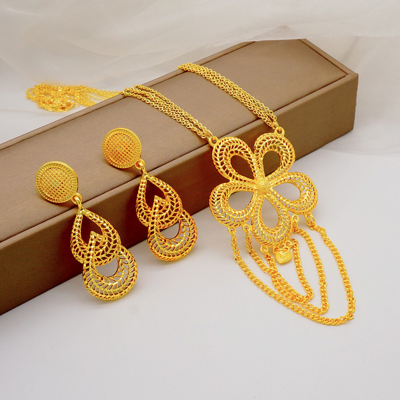 Dubajaus Etiopijos aukso spalvos papuošalų rinkinys moterims ilgos grandinėlės, gėlių kutų karoliai ir auskarų rinkiniai Nigerijos arabų vestuvių vakarėlio dovanos