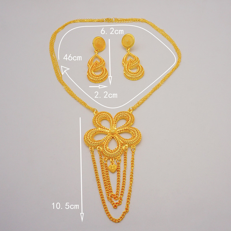 Dubajaus Etiopijos aukso spalvos papuošalų rinkinys moterims ilgos grandinėlės, gėlių kutų karoliai ir auskarų rinkiniai Nigerijos arabų vestuvių vakarėlio dovanos