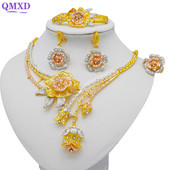 Colier cu design de flori de trandafir, brăţară, set de bijuterii de culoare aurie, pentru femei, cercei pentru nuntă, inel, bijuterii