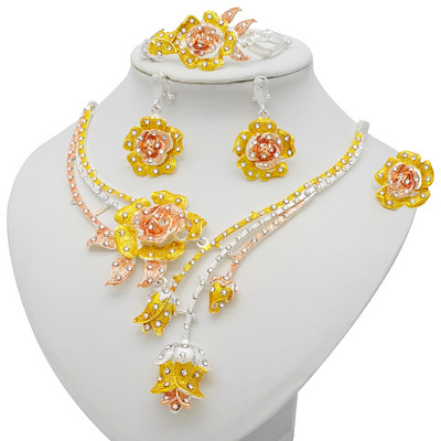 Colier cu design de flori de trandafir, brăţară, set de bijuterii de culoare aurie, pentru femei, cercei pentru nuntă, inel, bijuterii