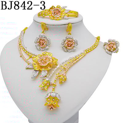 Colier cu design de flori de trandafir, brăţară, set de bijuterii de culoare aurie, pentru femei, cercei pentru nuntă, inel, bijuterii