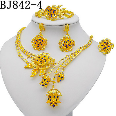 Colier cu design de flori de trandafir, brăţară, set de bijuterii de culoare aurie, pentru femei, cercei pentru nuntă, inel, bijuterii