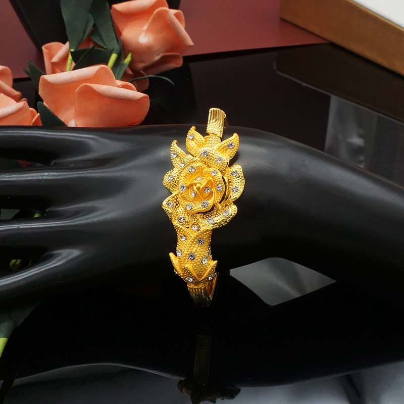 Colier cu design de flori de trandafir, brăţară, set de bijuterii de culoare aurie, pentru femei, cercei pentru nuntă, inel, bijuterii