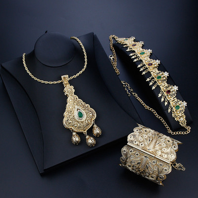 Sunspicems Aukso spalva Alžyras Moterų nuotakos vestuvių papuošalų rinkiniai Apyrankės karoliai Galvos grandinėlė Tradicinis Afrikos festivalis Bijoux